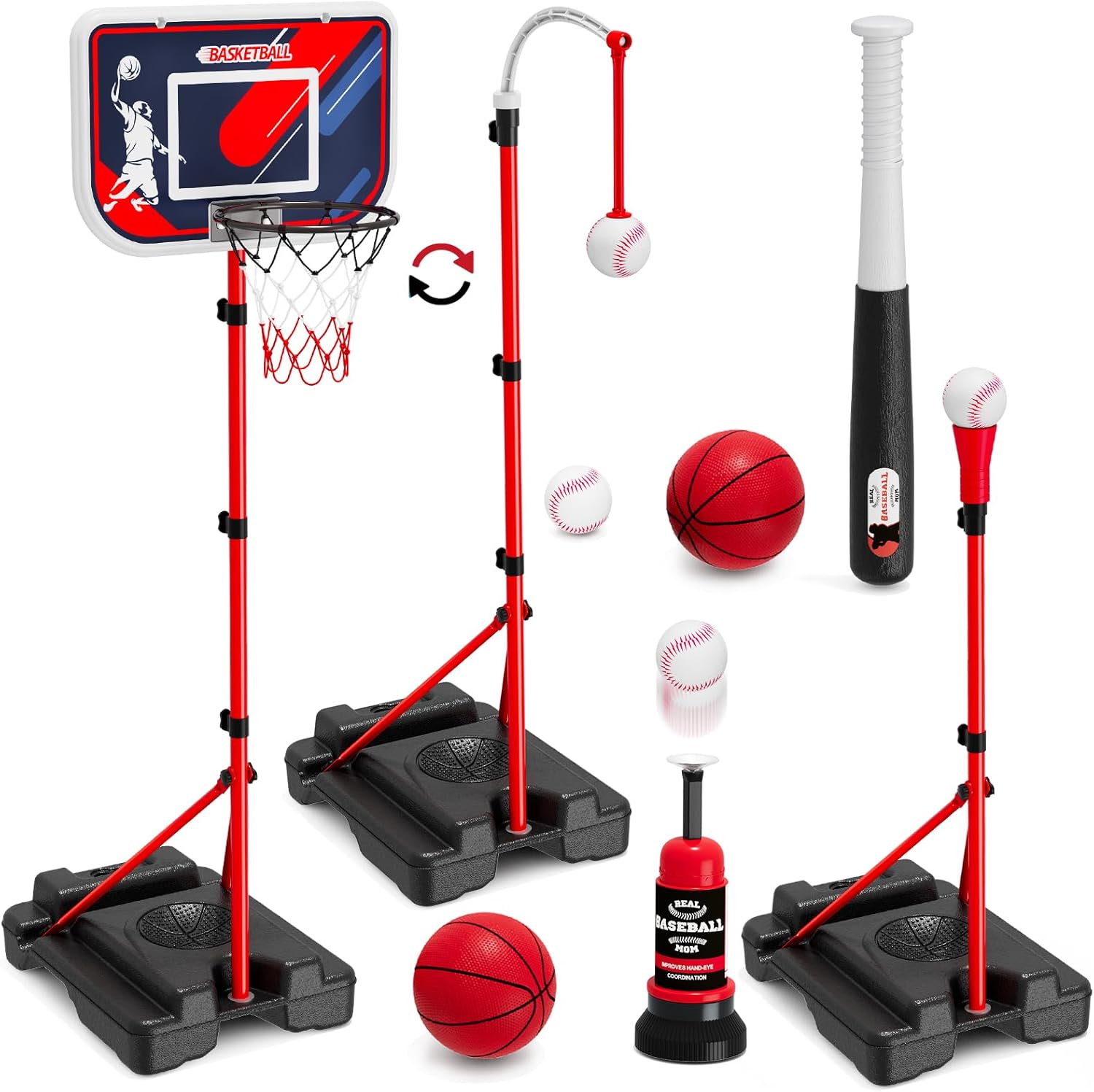 Kids Outdoor Basketball Hoop - 4-in-1 Kids Basketball Hoop & T-Ball