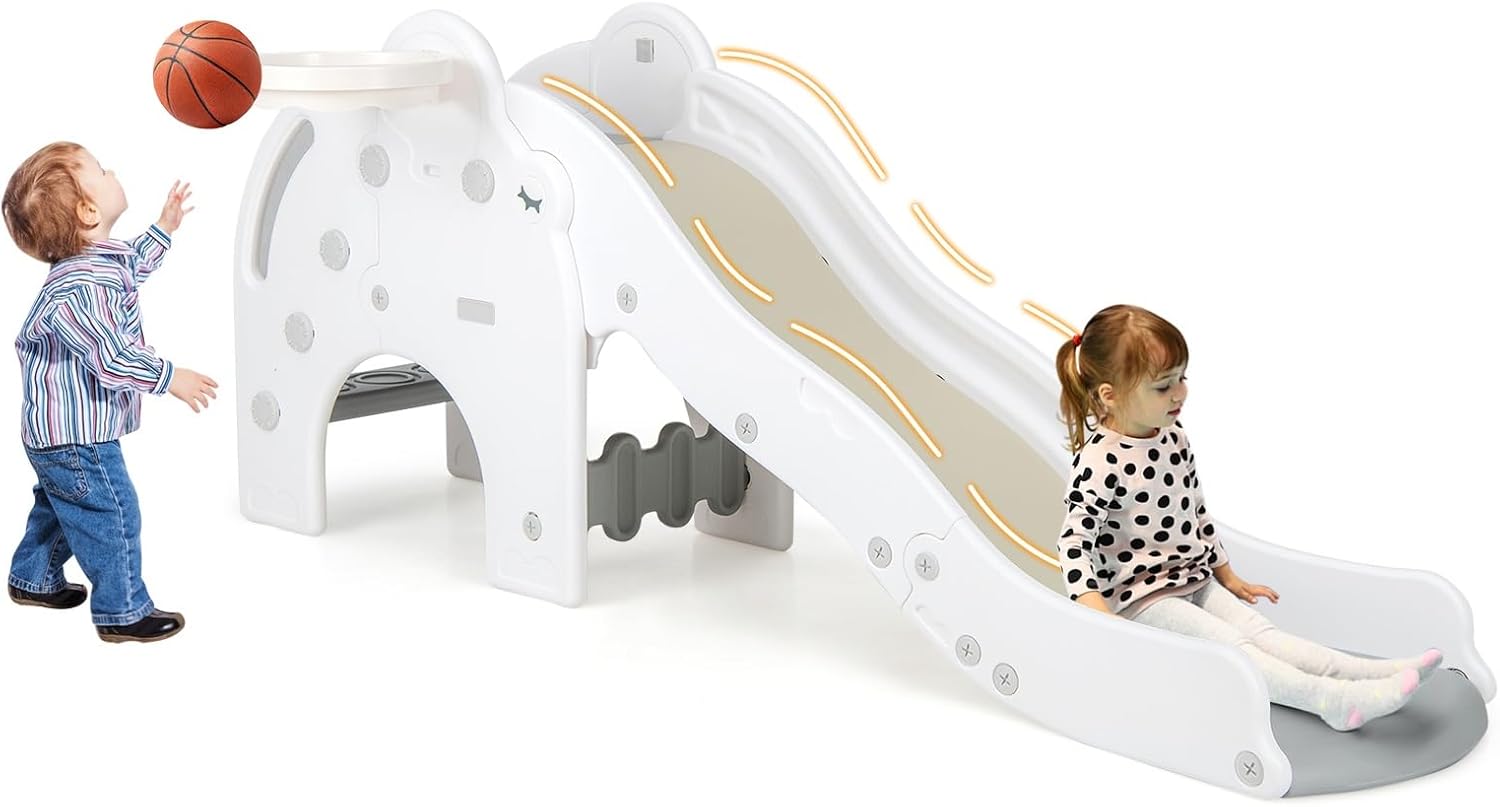 Kids Outdoor Basketball Hoop - Toddler Slide, 4 in 1 Indoor