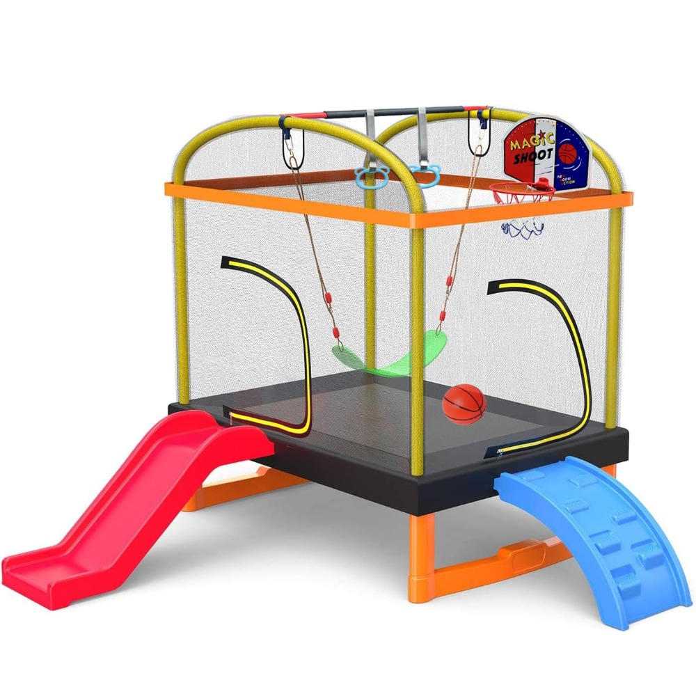 Kids Outdoor Basketball Hoop - 6.5Ft 7-in-1 Rectangle Trampoline for Kids,