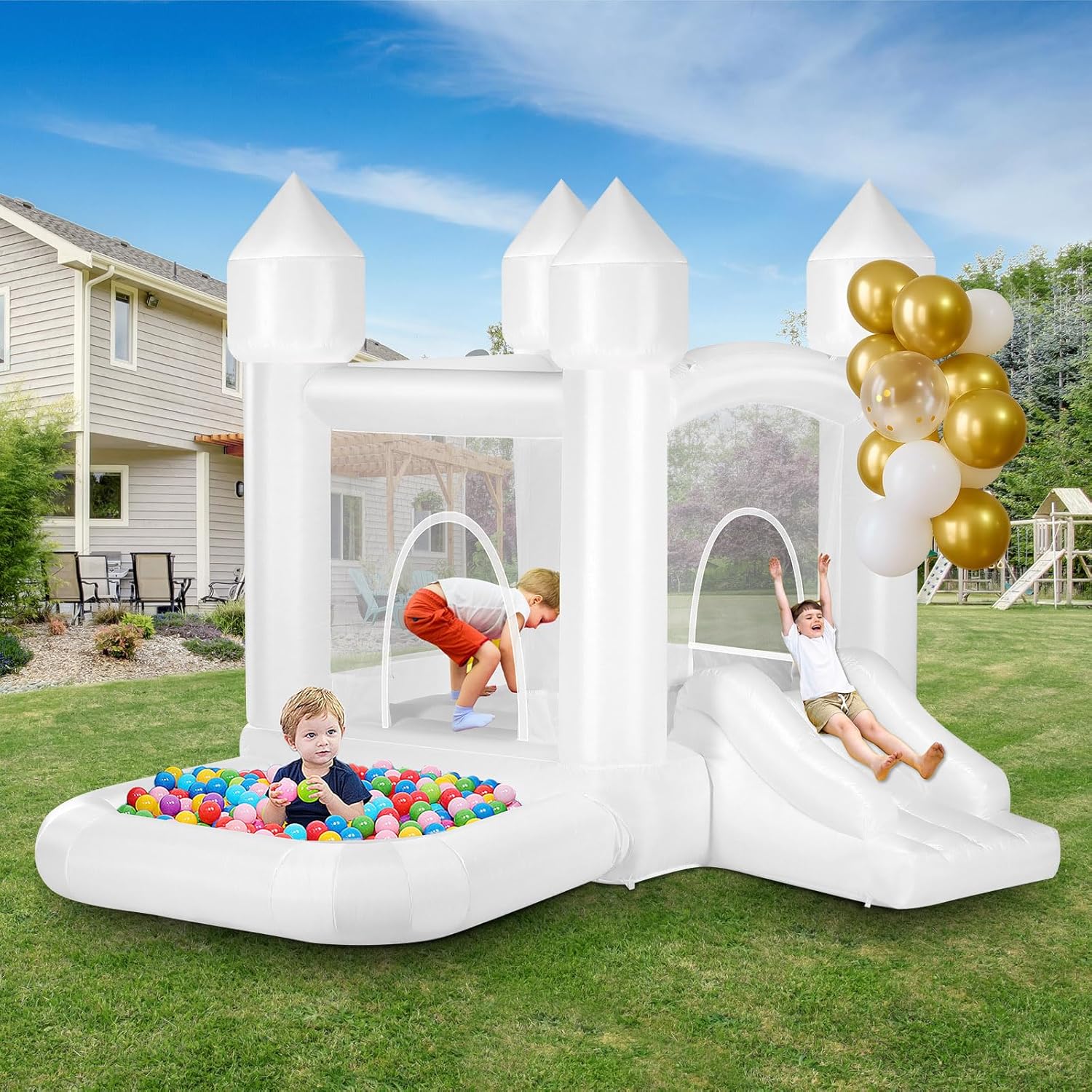 Kids White Bounce House with B - Kids Outdoor Jumping recensione e prezzo