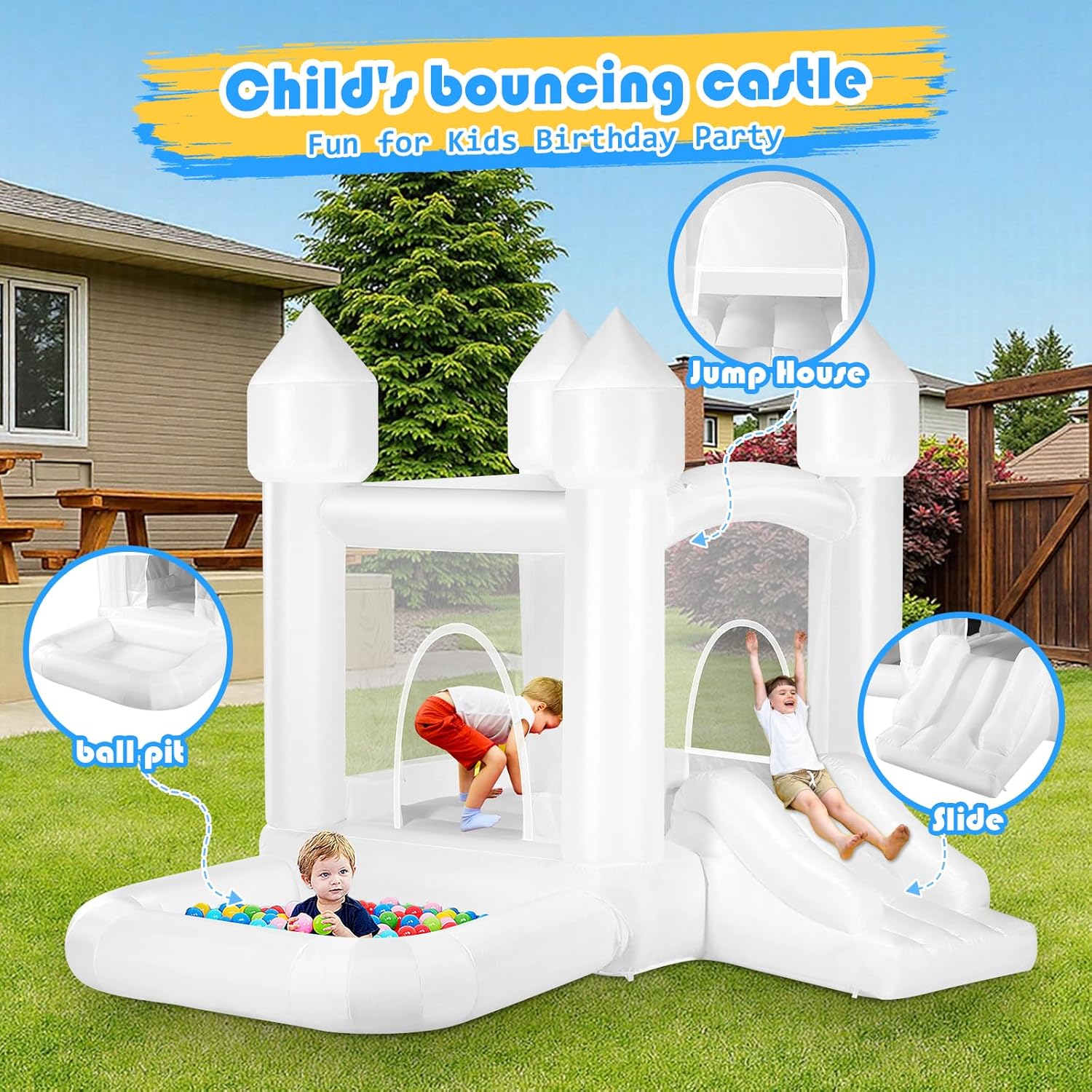 Kids White Bounce House with B - Kids Outdoor Jumping recensione e prezzo