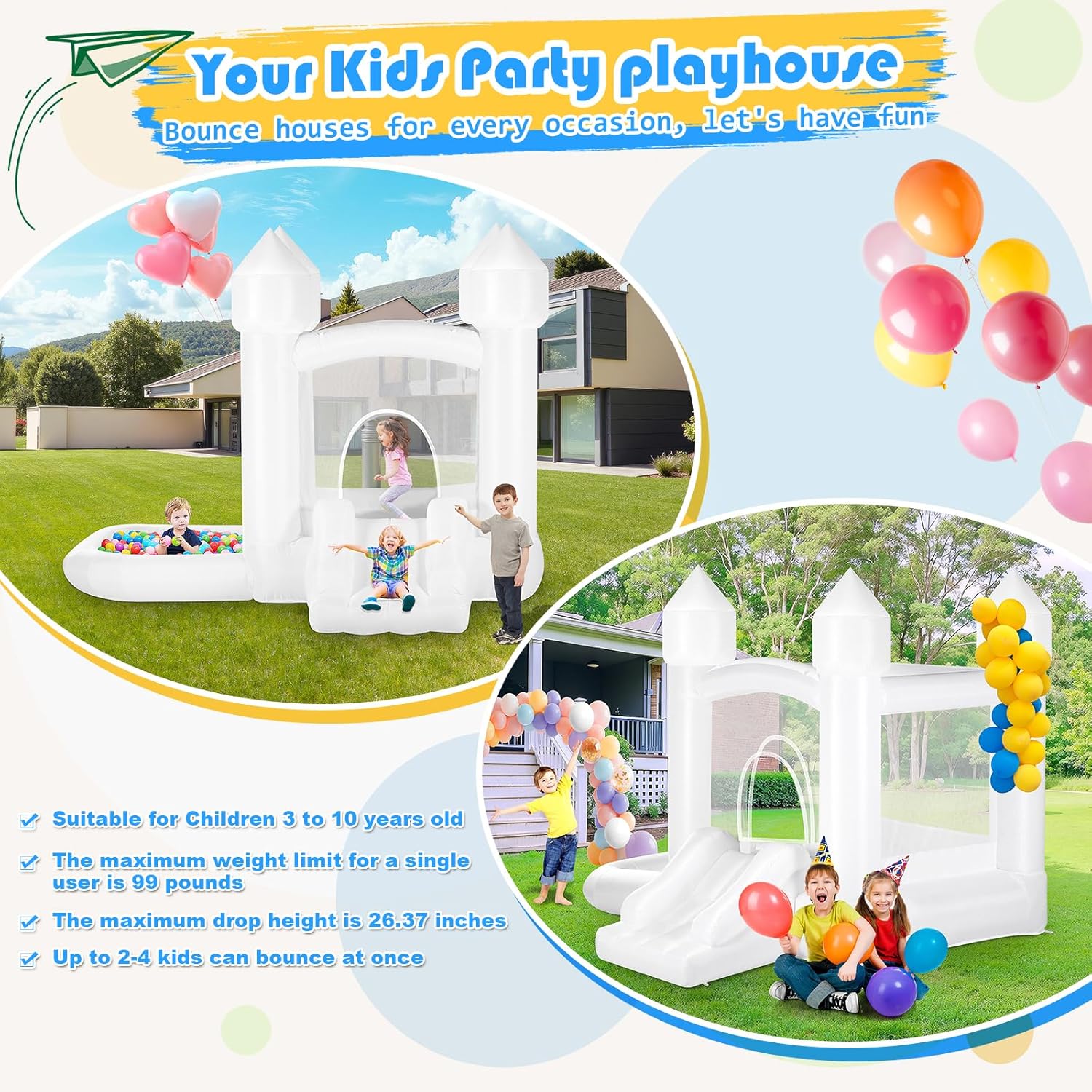 Kids White Bounce House with B - Kids Outdoor Jumping recensione e prezzo