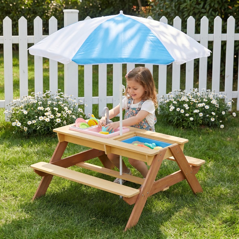 Wooden Kids Picnic Table, Sand - Kids Outdoor Umbrella For Table recensione e prezzo