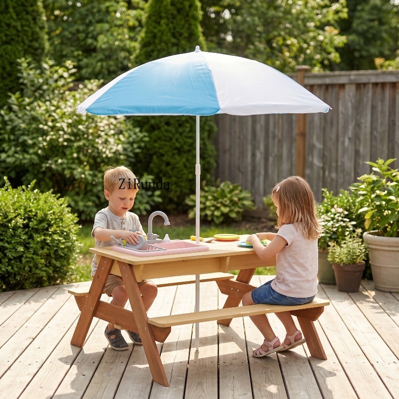 Wooden Kids Picnic Table, Sand - Kids Outdoor Umbrella For Table recensione e prezzo